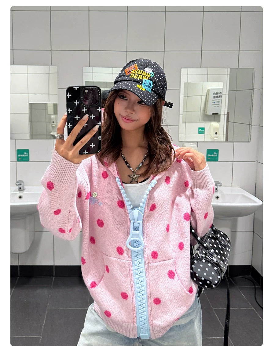 MOMUAN Polka Dot Big Zipper Hoodie Cardigan