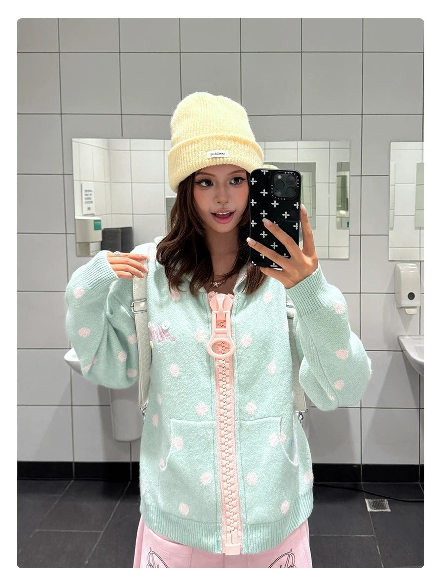 MOMUAN Polka Dot Big Zipper Hoodie Cardigan