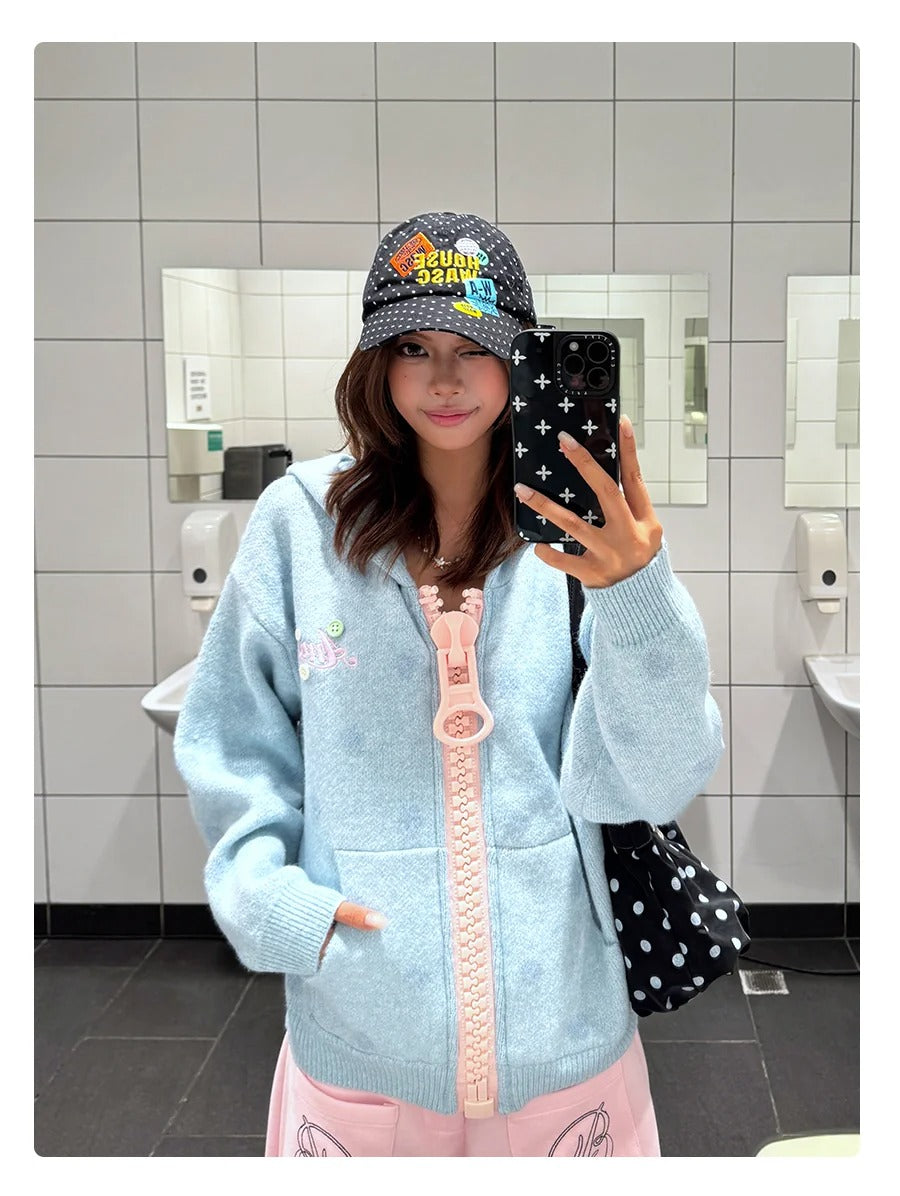MOMUAN Polka Dot Big Zipper Hoodie Cardigan