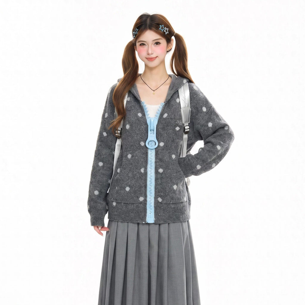 MOMUAN Polka Dot Big Zipper Hoodie Cardigan