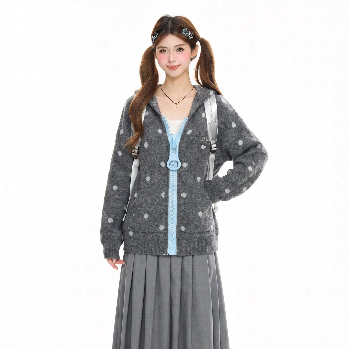 MOMUAN Polka Dot Big Zipper Hoodie Cardigan